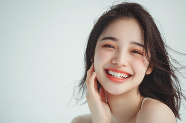 ホワイトニングで白くなった歯を見せて笑う女性